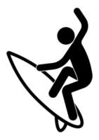 figura de palo, surfista en el tablero atrapó una ola. descanso activo del mar. tiempo de vacaciones de verano. vector aislado sobre fondo blanco