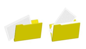 set of icons of yellow open folders for documents. Empty filled. Remove the paper sheet from the folder. Isolated vector on white background