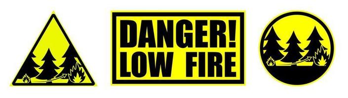 Set of yellow black danger signs, attention. Danger of starting a fire in the forest. Isolated vector