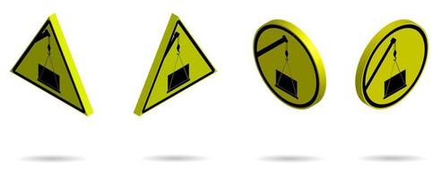 Set of isometric danger signs of working construction equipment on a yellow background. Overhead Load Symbol, construction crane lifts a load. Isolated vector