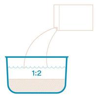 icon, infographics. Packaging design element. From the box, cereal or bulk product is poured into the pan in a ratio of 1 to 2. Part of the set of icons for the preparation of products. Vector