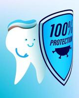 cheerful tooth with a hygiene shield protects against viruses. Prevention of dental diseases. Isolated vector on white background