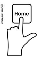 Icon editable stroke, human hand presses the keyboard button Home with the index finger. Getting help, additional information. Isolated vector on white background