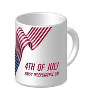 White Coffee Mug with American Flag and July 4th Congratulations. Festive design element for Independence Day USA. Isolated vector on white background