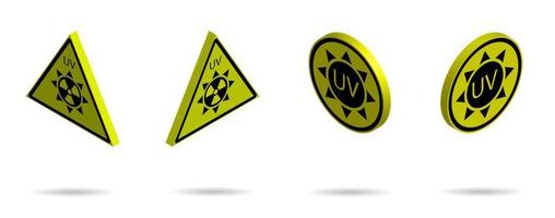 set of 3d danger signs on a yellow background, high solar activity. Increased ultraviolet radiation. Protection against sunburn. Isolated vector on white background