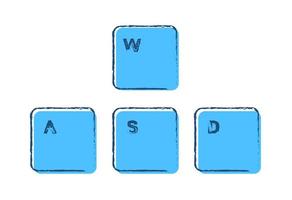 Set of gaming keyboard keys A W S D on a white background drawn in ink and blue colors. Isolated vector