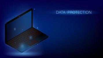 portátil brillante flotando en el aire. concepto en línea, protección de datos personales en la red. seguridad de información. banner azul oscuro, plantilla. vector