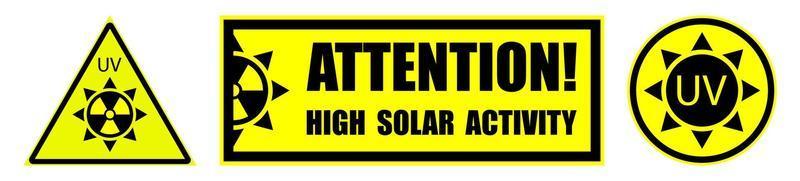 conjunto de señales de peligro sobre un fondo amarillo, alta actividad solar. Aumento de la radiación ultravioleta. protección contra las quemaduras solares. vector aislado sobre fondo blanco