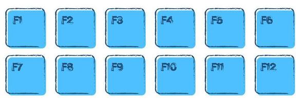 set of auxiliary keyboard keys from F1 to F12 drawn in ink and blue colors. Isolated vector on white background