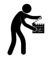 stick figure, assistant director uses the clapperboard to begin filming the film. Isolated vector on white background