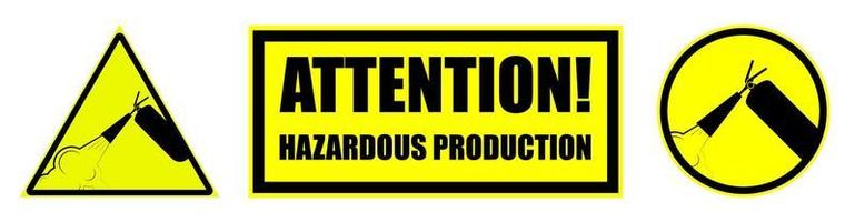 Set of warning signs on a yellow background. Fire extinguisher, hazardous production. Isolated vector on white background