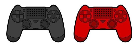 Bright red and black white icon of a wireless joystick, controller for a game console. Isolated vector on white background
