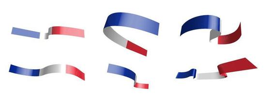 Set of holiday ribbons. Flag of France waving in the wind. Separation into lower and upper layers. Design element. Vector on a white background