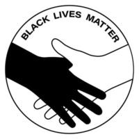 las vidas negras importan la protesta social. no al racismo. mano de piel oscura y piel clara en apretón de manos. logotipo redondo en blanco y negro, pegatina vector