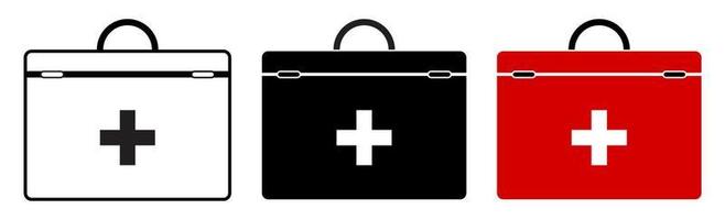 icon set red first aid kit for resuscitation. Health recovery in emergency situations. Isolated vector in a flat style on a white background