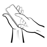 mans hand holds a smartphone and presses a finger on the touch screen. Using portable smart devices, navigation, communication. Isolated vector on white background