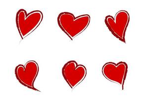 Set of original red hand-drawn grunge hearts in grunge style. Isolated vector on white background