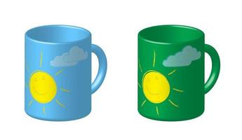 bright fun mug for morning coffee or cocoa. Maintain good mood for the whole day. Childrens drawing of smiling sun. Isolated vector on white background