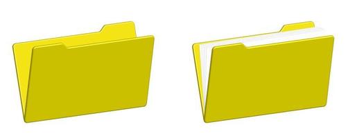icons of open yellow folders for documents. Empty filled. Remove the paper sheet from the folder. Isolated vector on white background