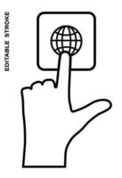 Icon editable stroke, human hand presses the keyboard button Globe, internet with the index finger. Getting help, additional information. Isolated vector on white background