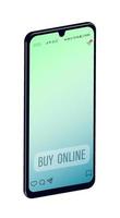 Shopping online on a website or in a mobile application. Smartphone with buy online button. Digital Marketing Vector Concept
