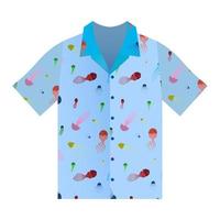 Summer shirt with short sleeves in blue. Marine ornament with cartoon jellyfish. Summer clothes. Isolated vector on white background