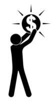stick figure, man raises a dallar symbol above his head. Passion, worship of money and wealth, greed. Isolated vector on white background