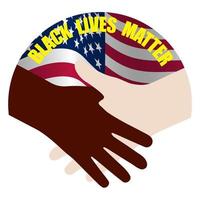 Black lives matter social protest. No to racism. Against the backdrop of the American flag, dark skinned and fair skinned shaking hands. Heart shaped color logo sticker vector