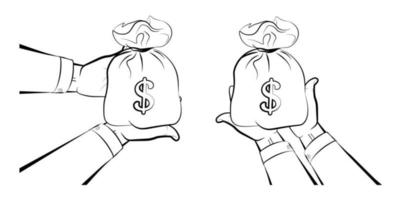 man holds out his hands with a bag of money. Issuance of a loan, repayment of a debt to a bank, economic offenses. Isolated vector on white background