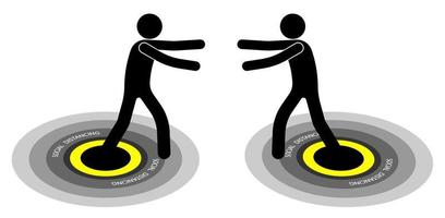 people pull their hands to each other inside the restrictive circle, an element of social advertising. Keeping a safe distance during illness, quarantine. Vector on a white background