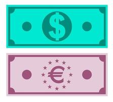 Sketchy color image of dollar and euro bills. Isolated vector on white background