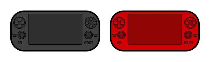 Bright red and black white portable game console with a screen. Video Game Controller Isolated vector on white background