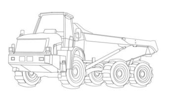 Children linear drawing for coloring. Construction dump truck and linear. Industrial machinery and equipment. Isolated vector on white