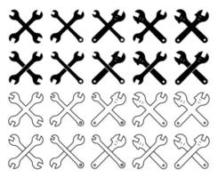 large set of crossed wrench icons for repair of various shapes. Vector on a white background