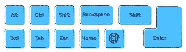 set of additional keyboard keys on a white background. Alt, Ctrl, Enter, Backspace, Esc, globe, Shift drawn in ink and blue colors. Isolated vector