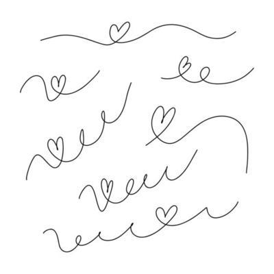 Set of abstract hand drawn heart in thin line. Heart continuous one line drawing. Scribble hand drawn heart illustration.