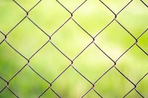 Mesh cage in the garden with green grass as background. Metal fence with wire mesh. Blurred view of the countryside through a steel iron mesh metal fence on green grass. Abstract background. photo