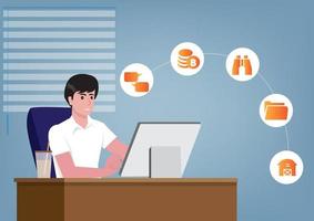 a businessman sitting at a desk with a computer He is planning to do business step by step. flat style modern vector illustration