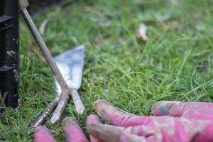 herramientas de jardín, rastrillos pequeños y guantes rosas en el suelo y hierba verde. copie el espacio guantes de trabajo de granjero o jardinero, pequeño rastrillo de jardín al aire libre mientras se trabaja en el jardín. foto