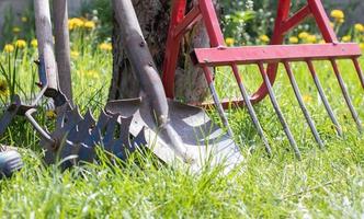 Gardening tools. Garden tools on the background of a garden in green grass. Summer work tool. Shovel, fork and baking powder stacked in the garden outside. The concept of gardening tools. photo
