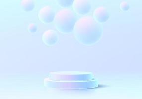 podio de pedestal de cilindro 3d rosa azul realista con bolas de esfera de holograma azul o burbujas volando. escena mínima abstracta para productos de maqueta, escaparate de escenario, exhibición de promoción. forma geométrica vectorial.
