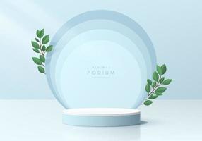 Realistic blue, white 3D cylinder pedestal podium with circles shape overlap and green leaf background. Abstract minimal scene for mockup products display, stage for showcase. Vector geometric forms.