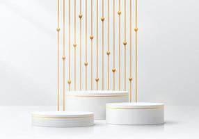 Realistic white, golden 3D cylinder pedestal podium set in room with golden vertical tube and beads. Luxury minimal scene for mockup products, Stage showcase, promotion display. Vector geometric forms