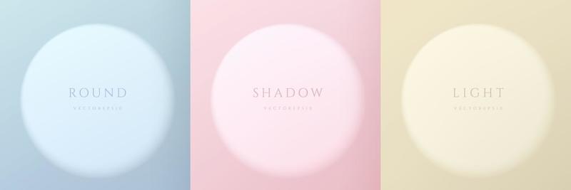 Set of blue, pink, yellow beige background with spotlight circle shape isolated design. Abstract minimal scene for products display or space for your text. Top view design. Light and shadow.