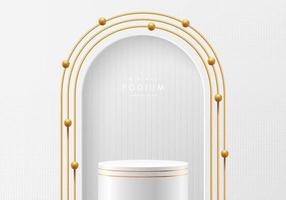 Realistic white, golden 3D cylinder stand podium in clean room with golden tube arch shape and beads. Luxury minimal scene for mockup product, Stage showcase, promotion display. Vector geometric forms