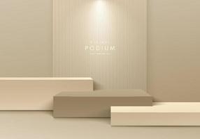 Realistic beige 3D steps cube pedestal podium set in clean room with shadow and lighting. Abstract minimal scene for mockup products, stage showcase, promotion display. Vector luxury geometric forms.