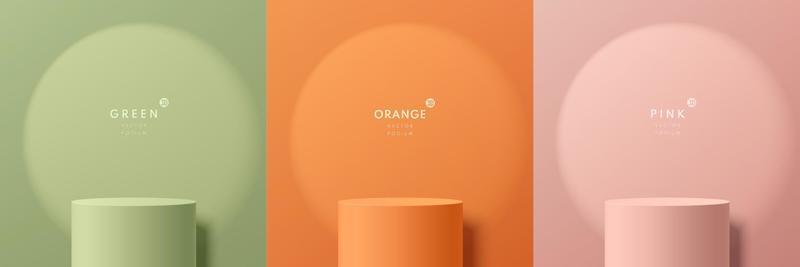 Set of green, orange, pink realistic 3D cylinder stand or podium with spotlight and shadow in round shape. Abstract minimal scene for mockup products display. Stage showcase. Vector geometric forms.