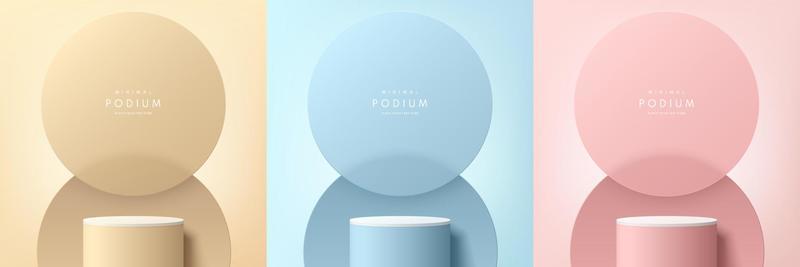 Set of pink, yellow, blue, white realistic 3d cylinder stand podium with glass circles overlap background. Vector abstract room with geometric forms. Minimal scene for products display, Stage showcase