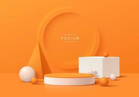 Realistic orange, white 3D cylinder pedestal podium with geometric forms and emboss circle ring scene background. Abstract minimal scene for mockup products display, Stage for showcase. Vector EPS10.