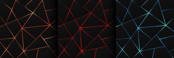 Set of dynamic green, blue and red light lines on black metallic in geometric shapes design. Modern technology futuristic dark background. Design for banner, cover, web, flyer. Vector illustration